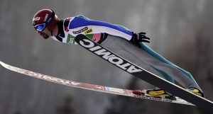 Janne Ahonen of Finland soars through the air during his first round jump at the Ski Flying World Championships in Planica