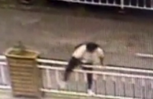 nainen kiipeää aidan yli