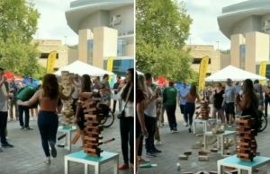 nainen-kaataa-jenga-pelit-video